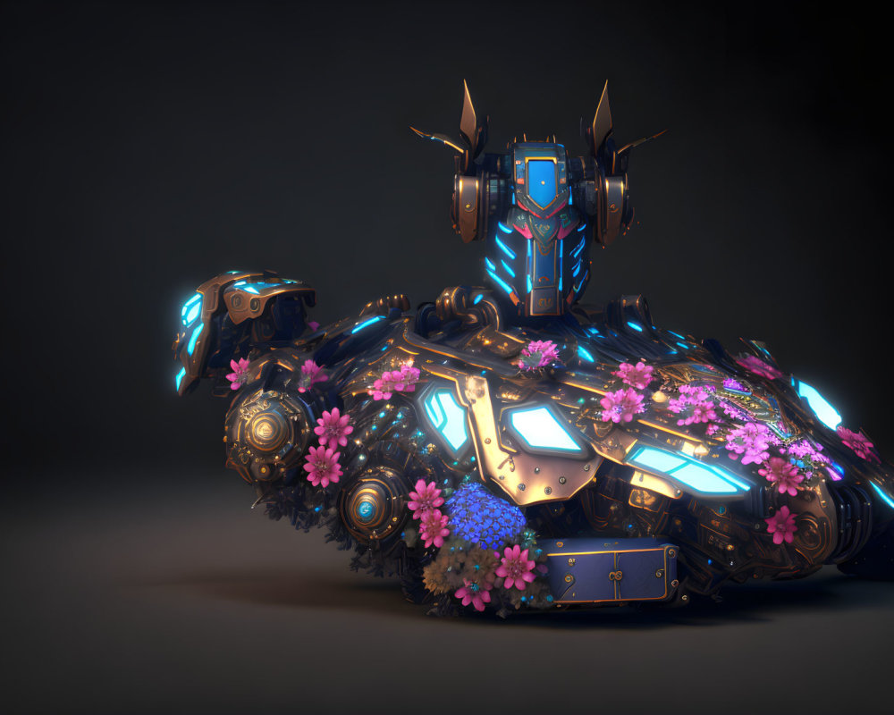Futuristic robot with glowing blue parts and pink flowers on dark background