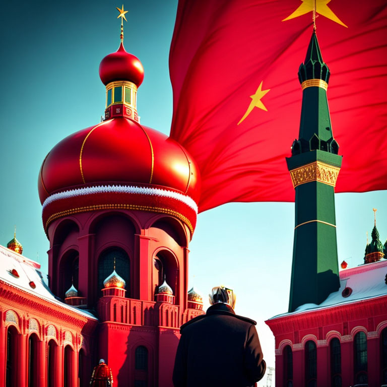 Man in dark suit at vibrant red cathedral with golden domes and red flag with yellow stars.