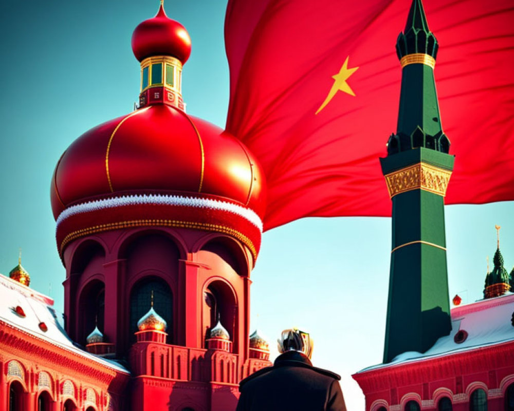 Man in dark suit at vibrant red cathedral with golden domes and red flag with yellow stars.