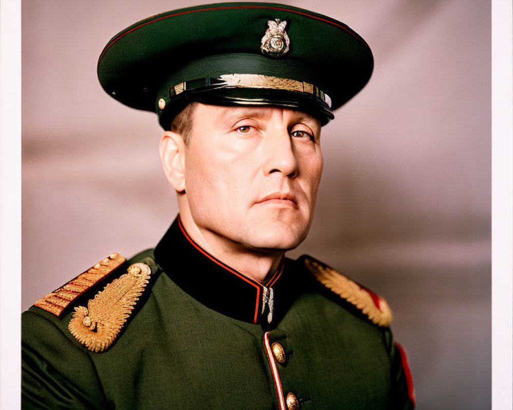 Formal military uniform with decorated epaulettes and cap badge pose.