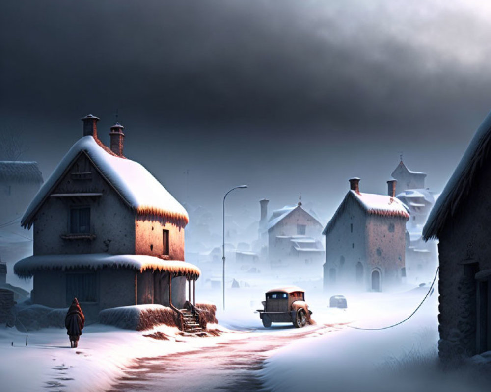 Snowy village scene: solitary figure, traditional houses, old-fashioned car
