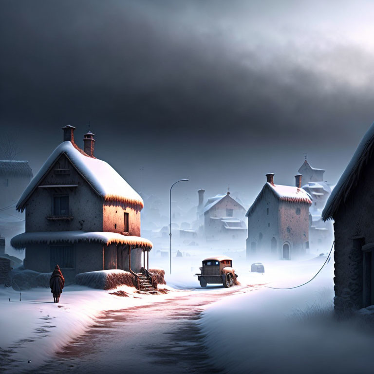 Snowy village scene: solitary figure, traditional houses, old-fashioned car