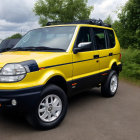 Yellow 4WD SUV with Chrome Wheels and Black Trim Outdoors