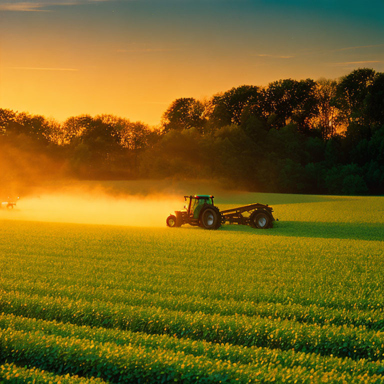 Tractor working in yellow field at sunset with dust, trees, and warm sky