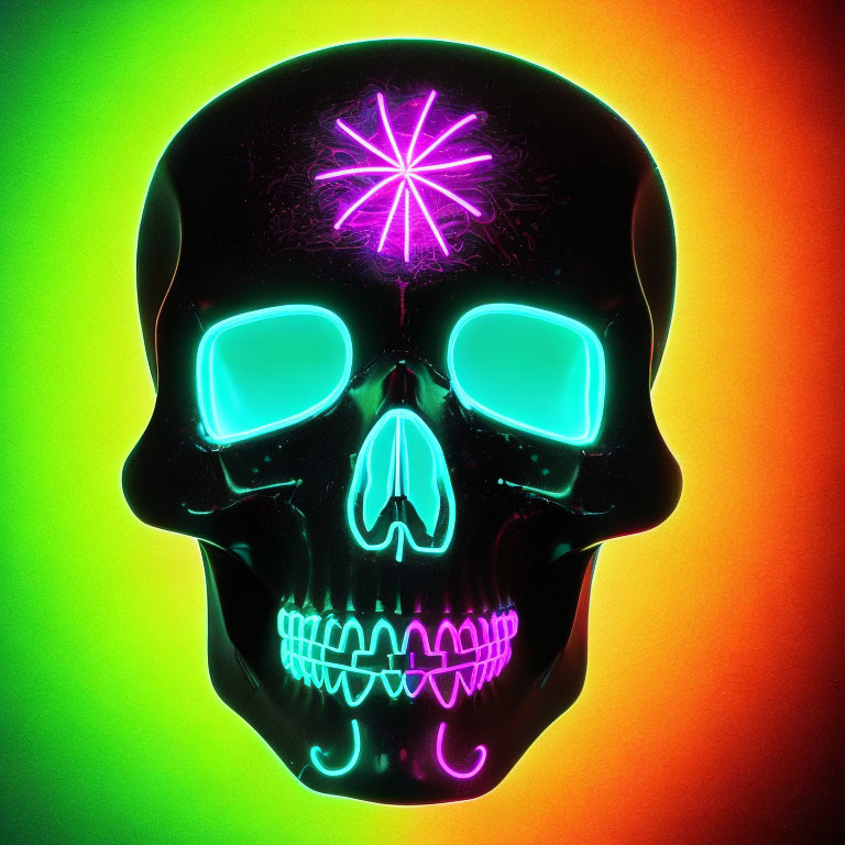 Neon-lit skull graphic with pink flower and cyan eyes on gradient background