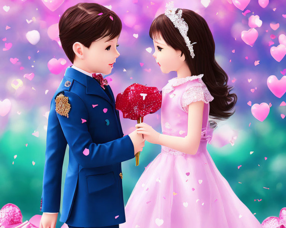 Animated boy and girl with heart-shaped object in blue and pink outfits among floating hearts