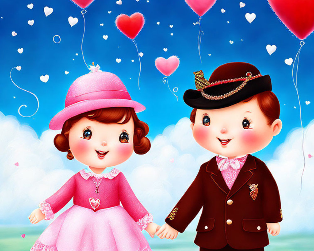 Children in fancy outfits with heart balloons in a blue sky