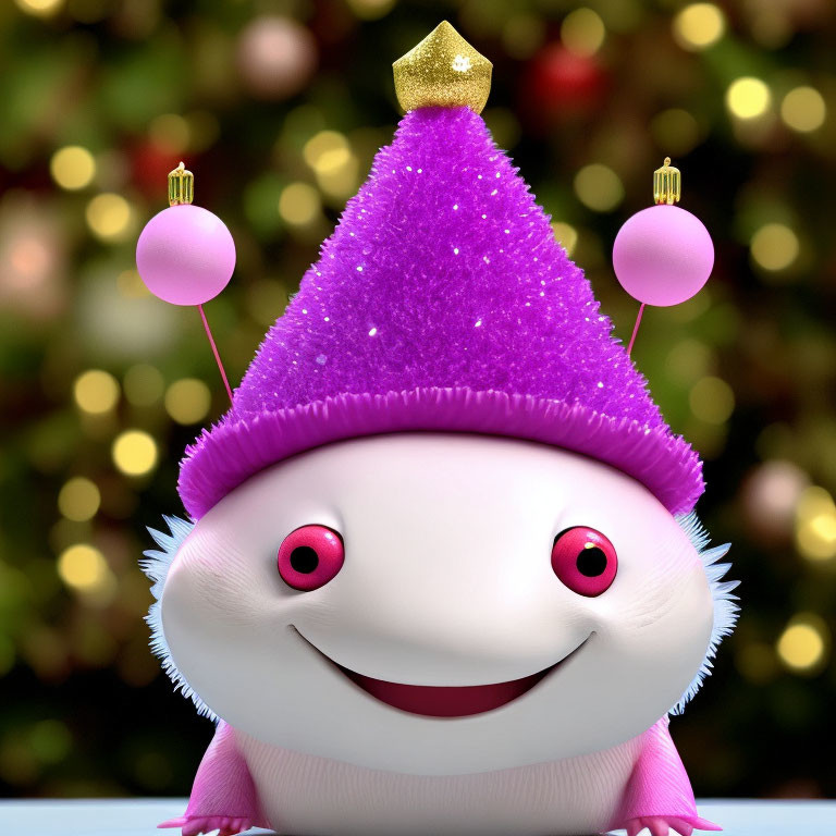 Colorful animated character with red eyes and wide smile in party hat with Christmas lights.