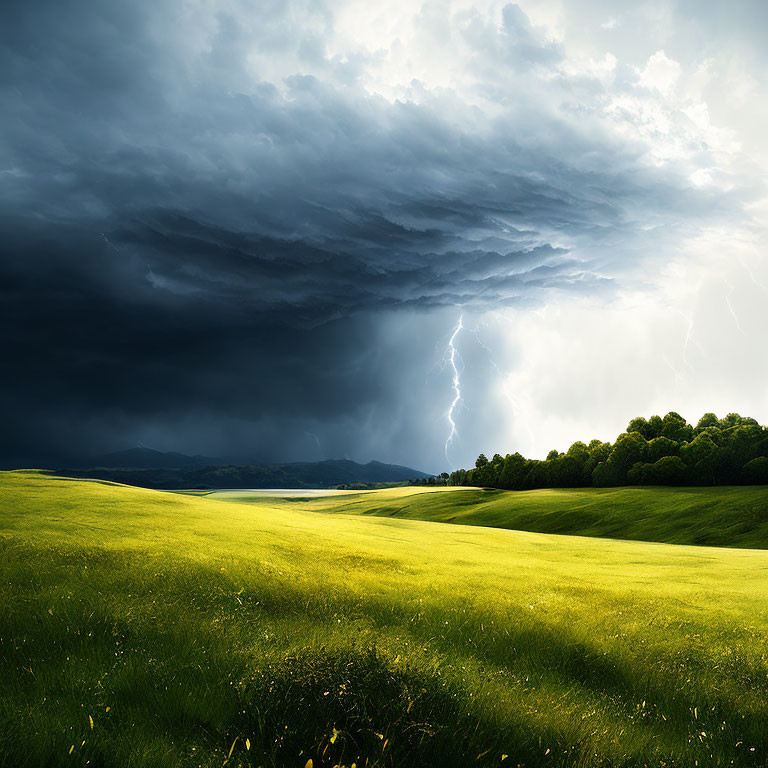 Stormy Sky with Lightning Above Vibrant Green Hills and Wildflowers
