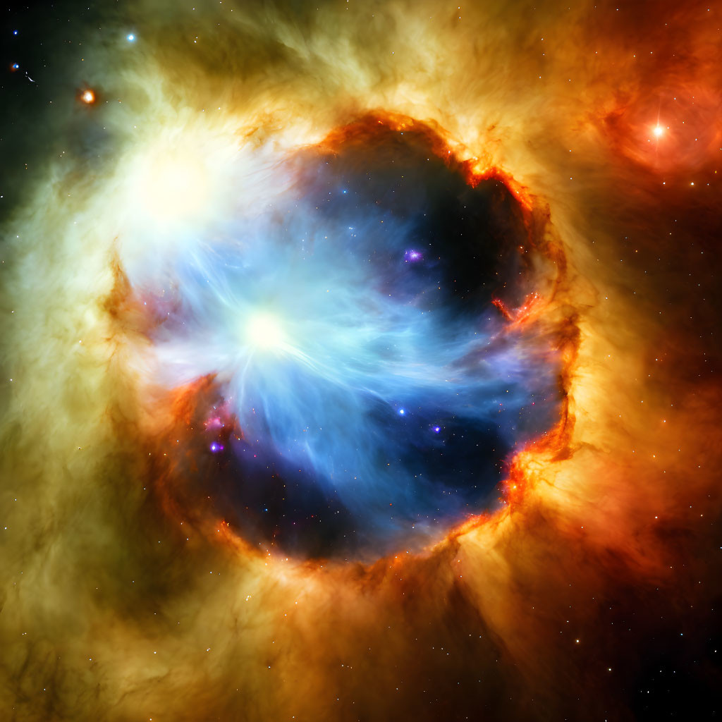 Bright central star surrounded by glowing nebula in orange, yellow, and blue