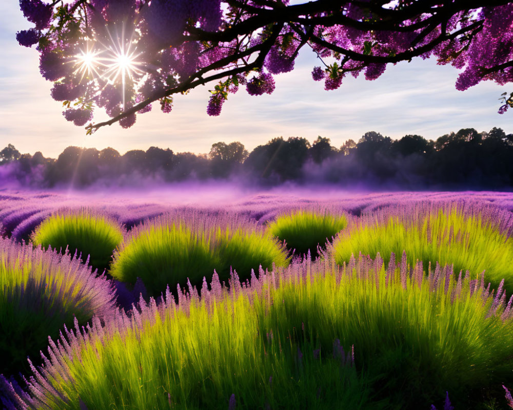 Sunbeams through tree branches on vibrant lavender field at sunset