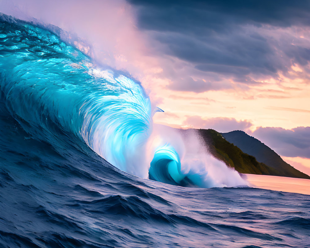 Majestic towering wave with vibrant blue hue under sunset sky and soaring bird