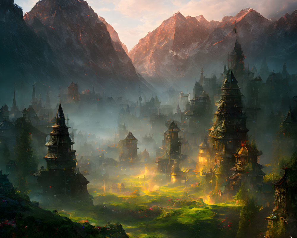 Traditional pagoda-style buildings in mystical dusk village nestled among misty mountains