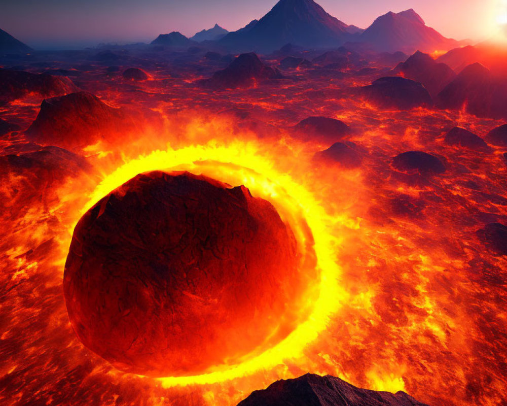 Surreal volcanic landscape with glowing lava crater at sunset