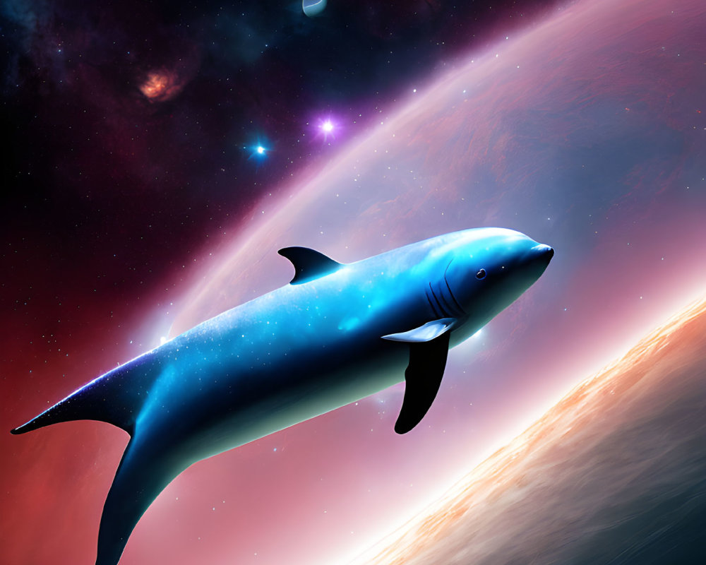 Starry cosmic whale swimming near vibrant planet in space