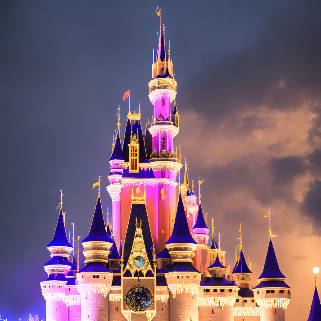 Fairytale castle with tall spires and grand clock against twilight sky