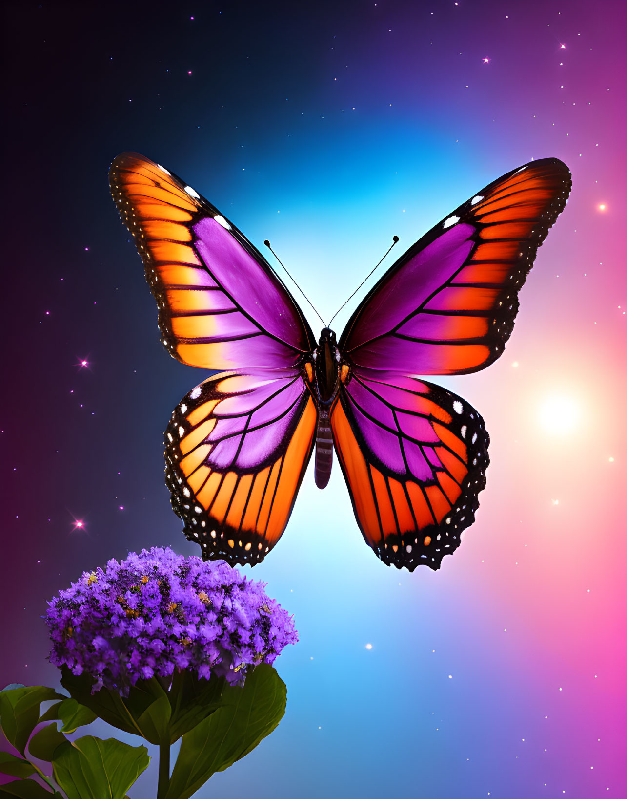 Colorful butterfly with open wings above purple flower in cosmic setting
