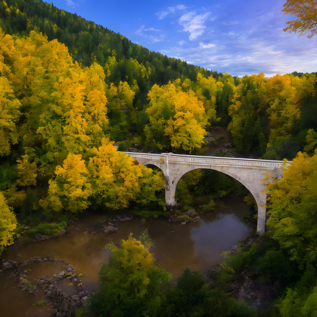 Aerial View of Old Stone Bridge in Autumn Forest