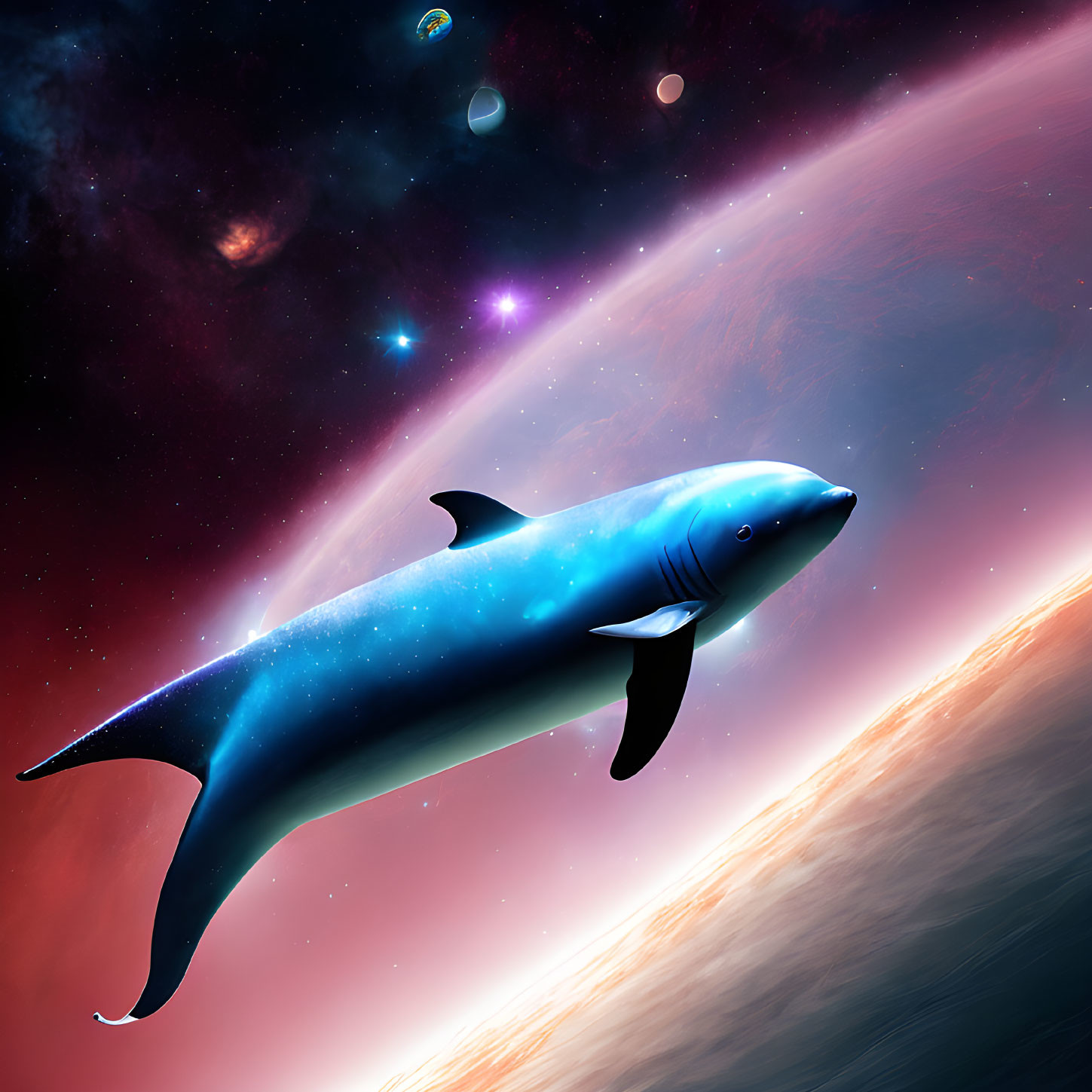Starry cosmic whale swimming near vibrant planet in space