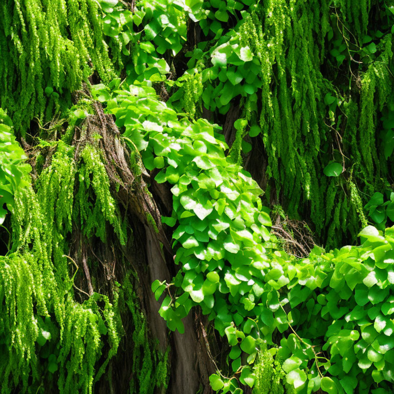 Vibrant green leaves cascading over textured tree trunk in lush image