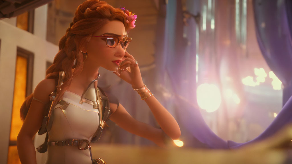 Stylized animated female character with braided hair and glasses in warm-lit indoor scene