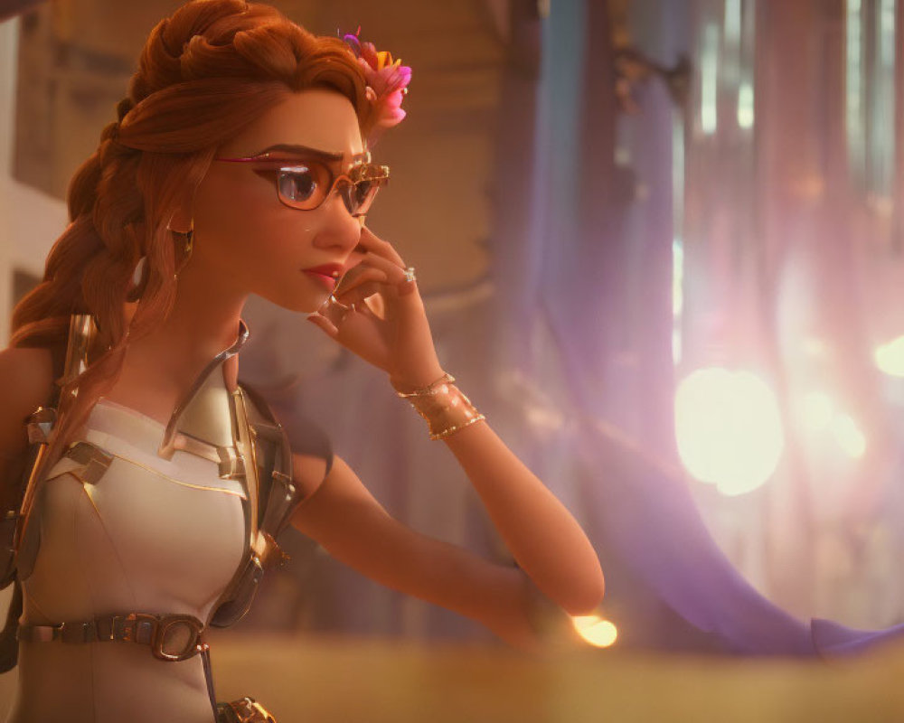 Stylized animated female character with braided hair and glasses in warm-lit indoor scene