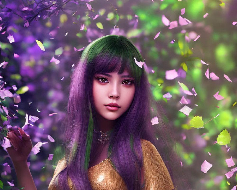 Digital Artwork: Woman with Purple Hair and Golden Top in Mystical Forest