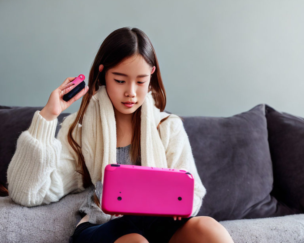 Young girl on sofa with pink tablet brushing hair