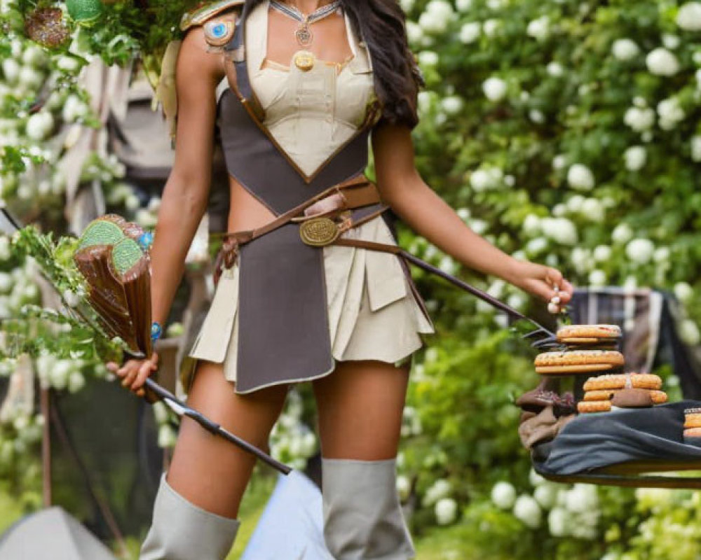 Fantasy warrior woman with bow, arrows, and axe in lush green setting holding tray of burgers
