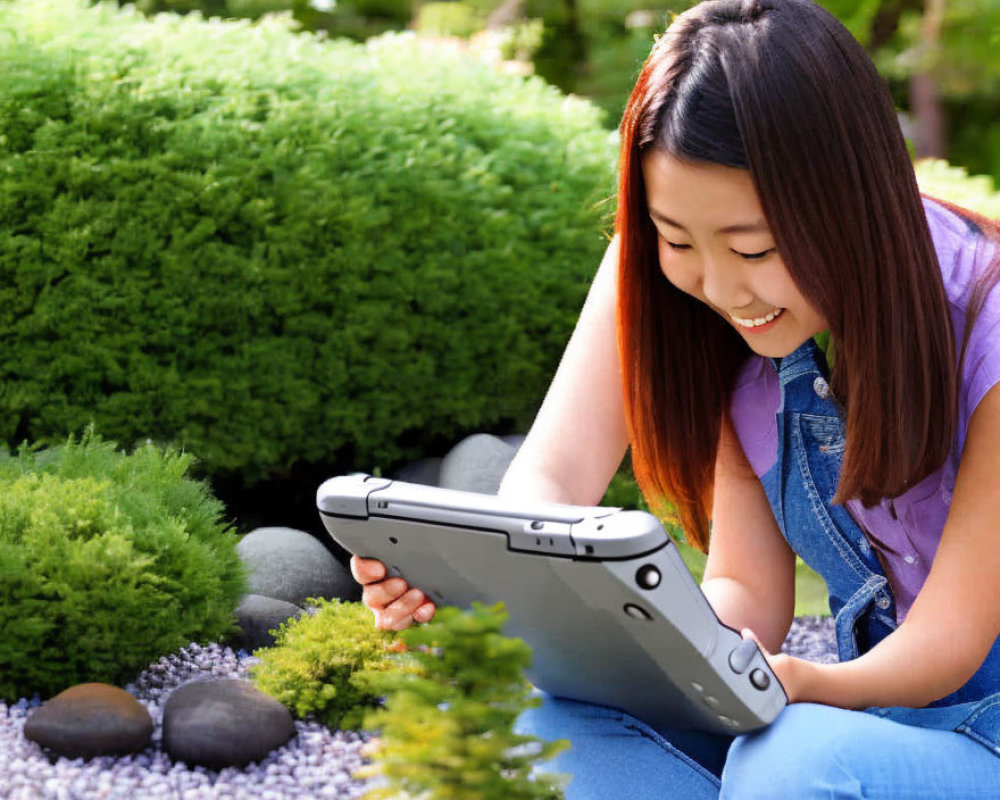 Young person smiling with tablet in lush garden setting