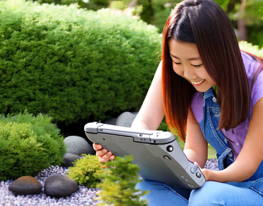 Young person smiling with tablet in lush garden setting