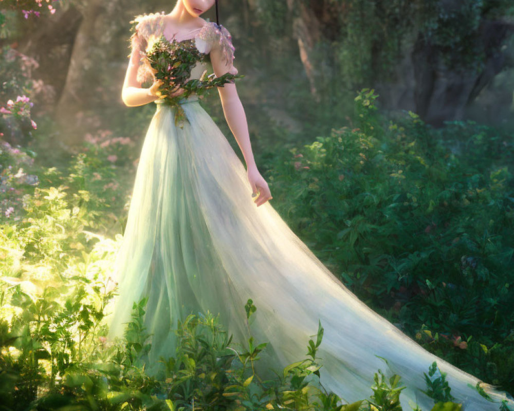 Woman in green dress with train holding bouquet in magical forest with sunlight.