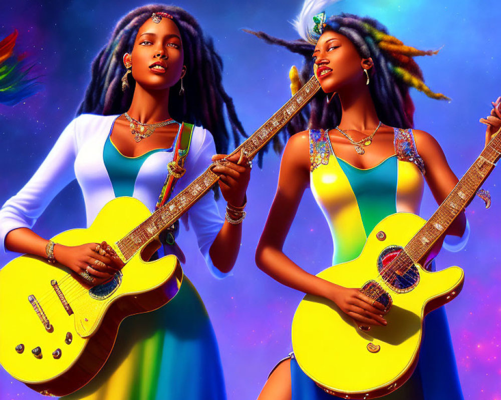 Two women with guitars in blue dresses against cosmic backdrop
