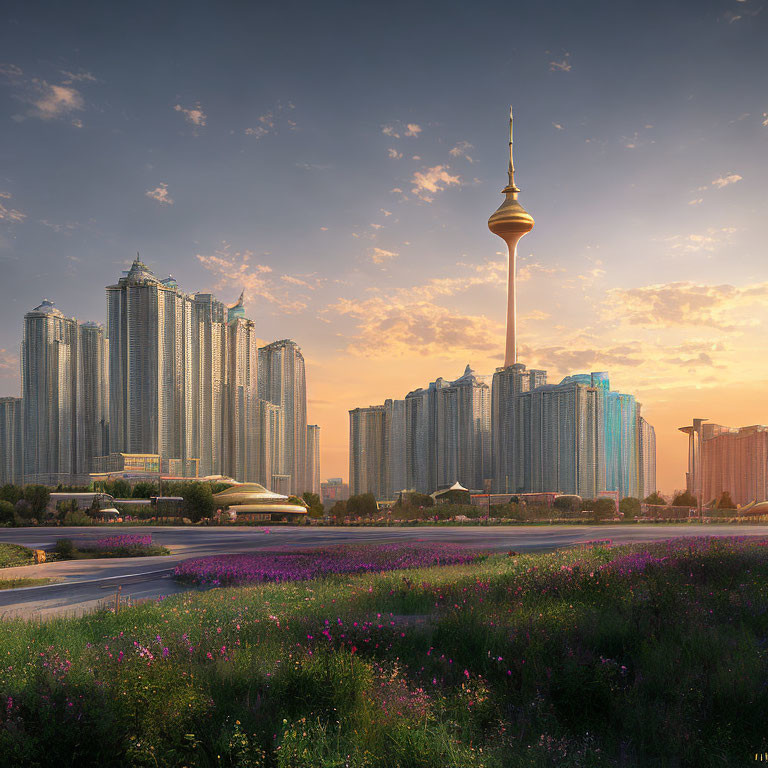 Modern city skyline at sunset with skyscrapers and prominent tower, against warm sky and blooming flowers