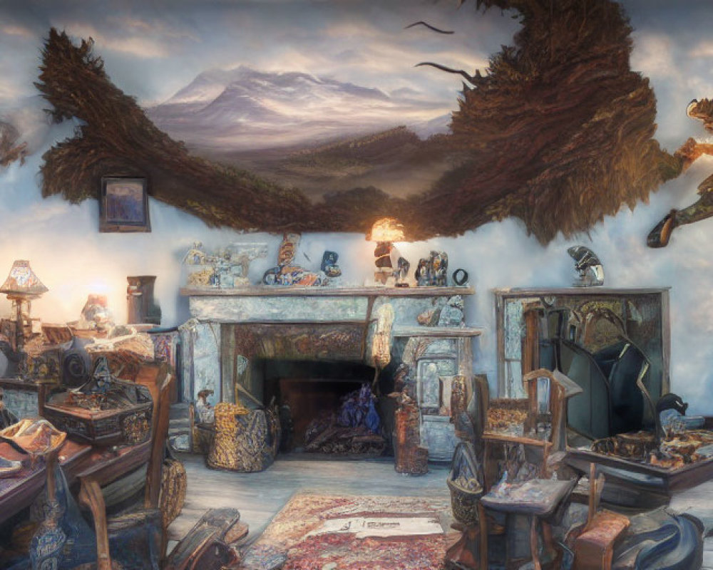 Whimsical room with magical creatures and vintage furniture