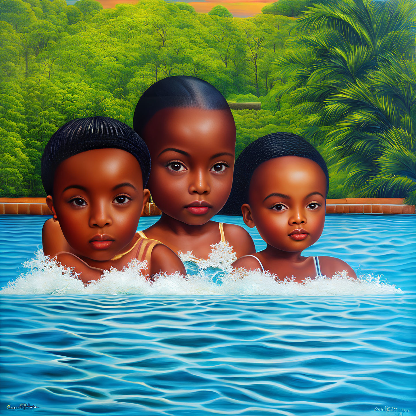 Three children swimming in a pool with lush green foliage