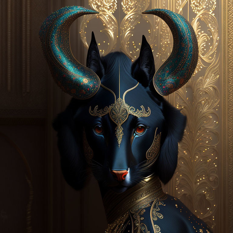 Cat with ornate horns and golden decorations on textured background