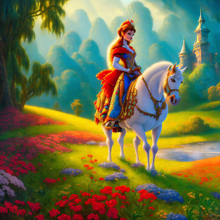 Princess in detailed gown and crown on white horse in vibrant forest clearing