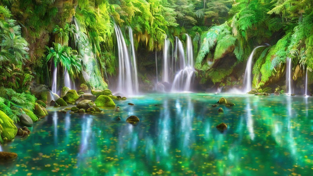 Serene waterfall with lush green foliage and turquoise pool