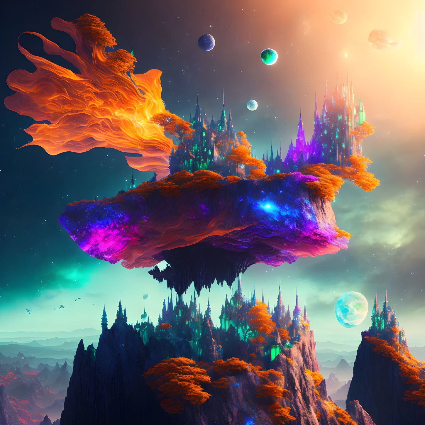 Vibrant orange and purple floating island with celestial spires