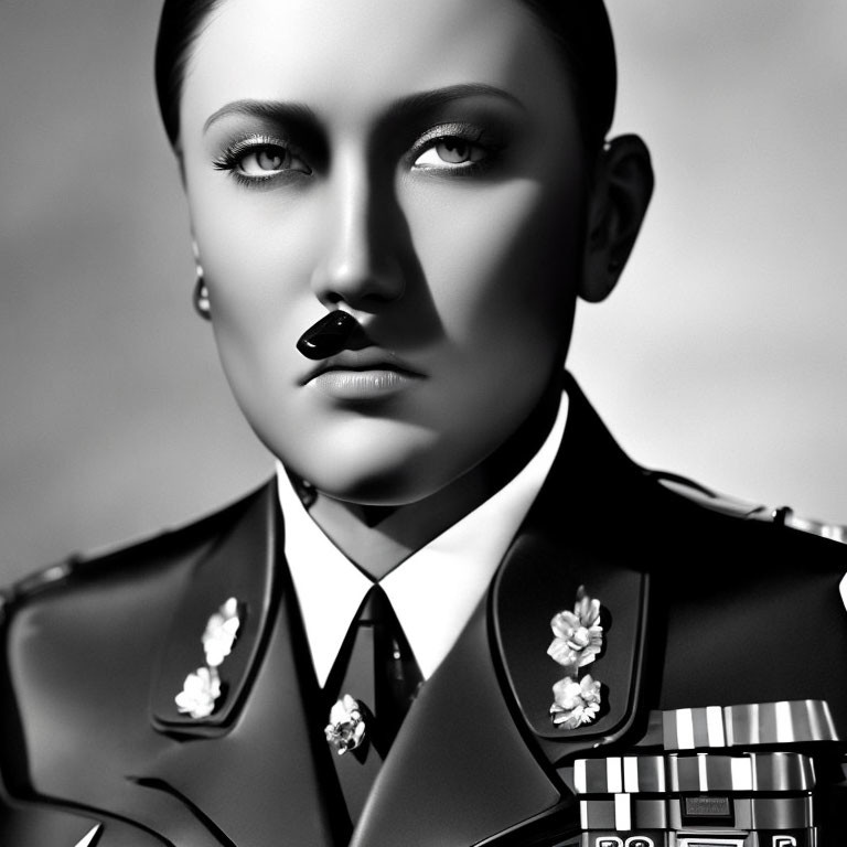 Monochrome portrait of person in decorated military uniform