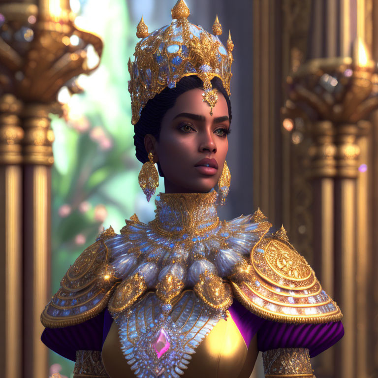 Regal digital art portrait of a woman in gold crown and armor