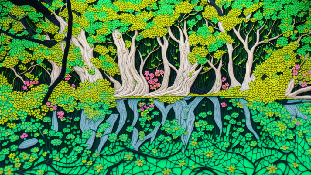 Colorful forest painting with green foliage, white tree trunks, pink flowers & blue water.