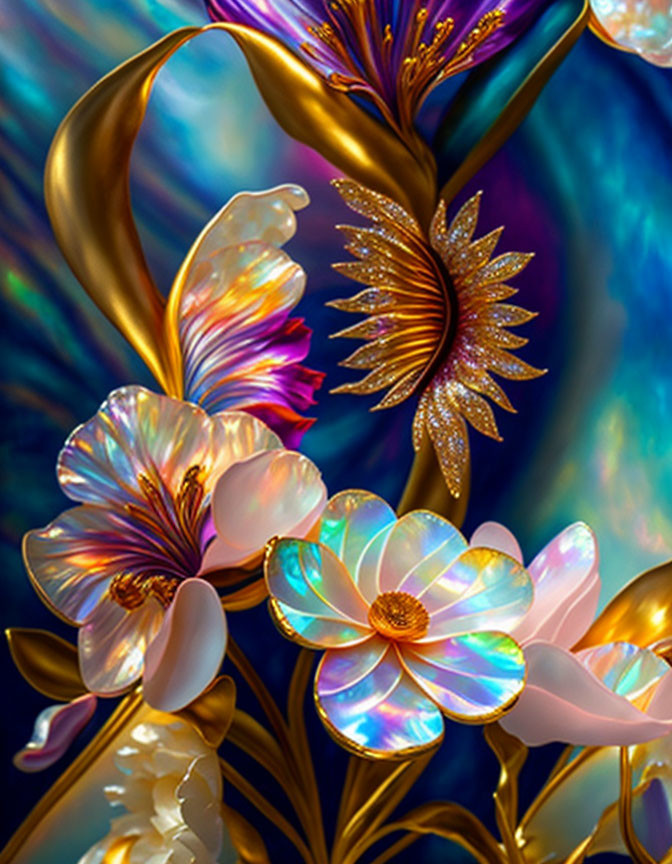 Iridescent flowers in vibrant digital art with gold accents