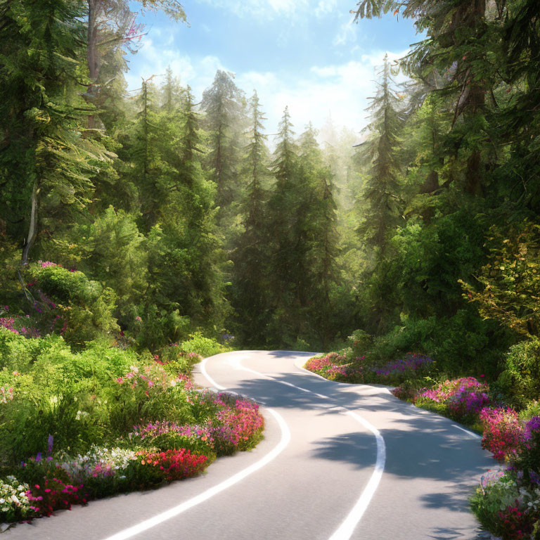 Scenic forest road with vibrant wildflowers under sunny sky