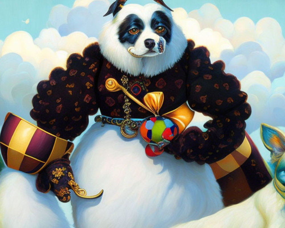 Whimsical painting of panda and canine in regal attire with scepter and medallion,