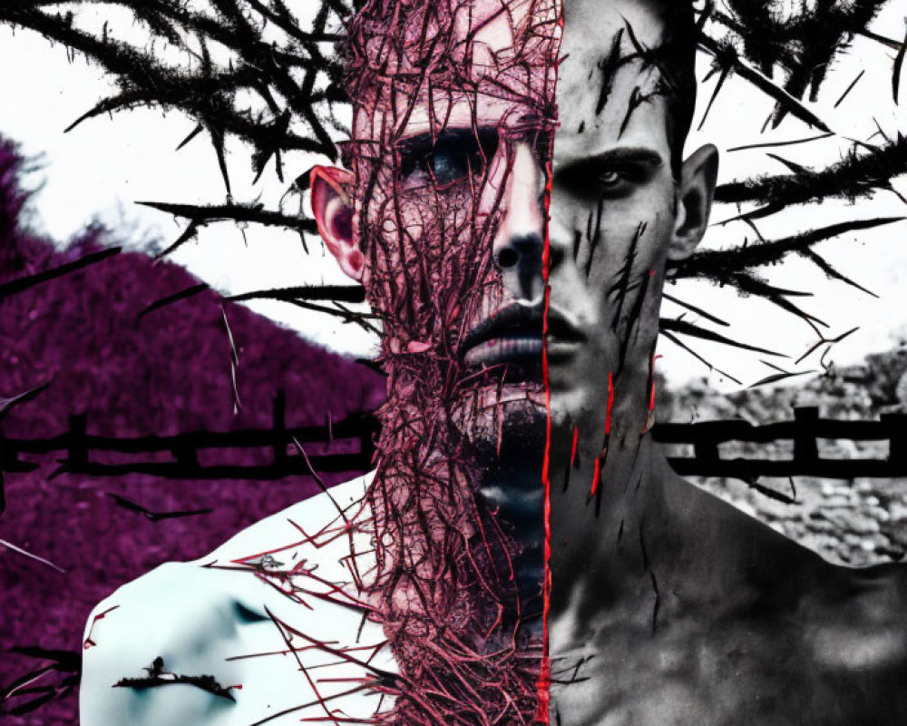 Half-color, half-monochrome man with intense gaze, red line and branch-like textures.