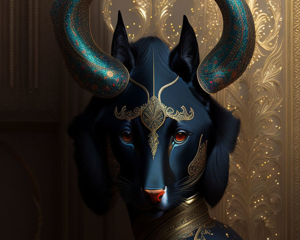Cat with ornate horns and golden decorations on textured background