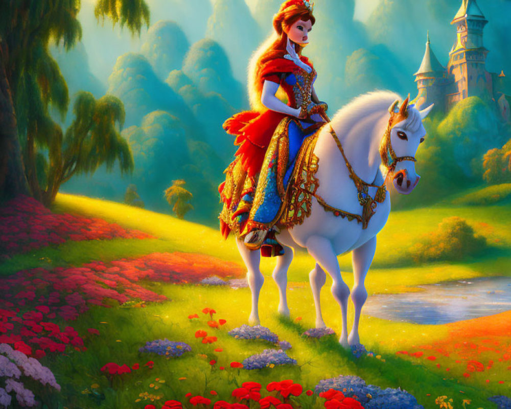Princess in detailed gown and crown on white horse in vibrant forest clearing