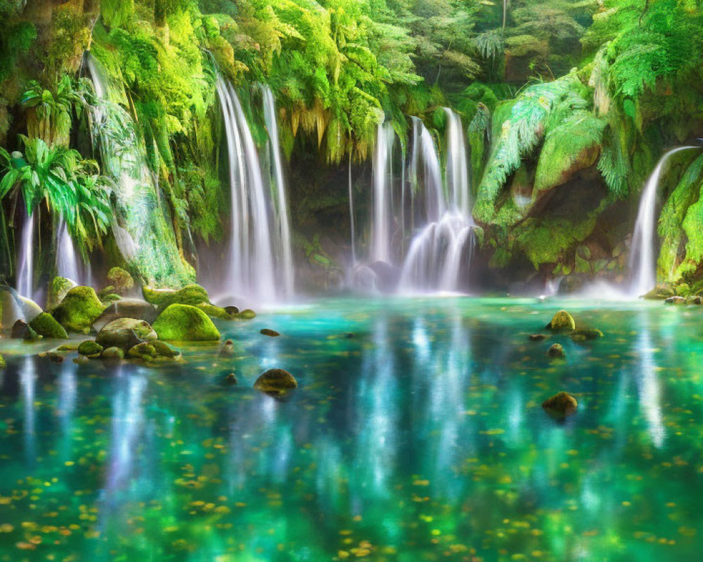 Serene waterfall with lush green foliage and turquoise pool